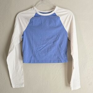 PINK Victorias Secret Blue and White Long Sleeve Raglan Crop Top M